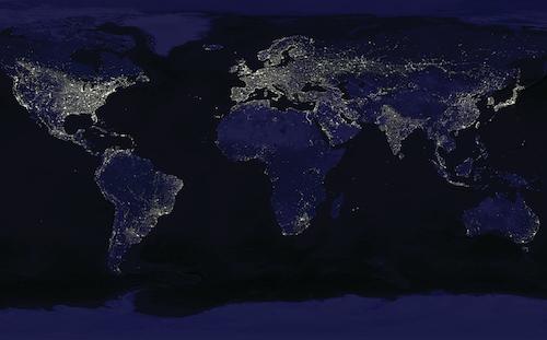 World map at night from space